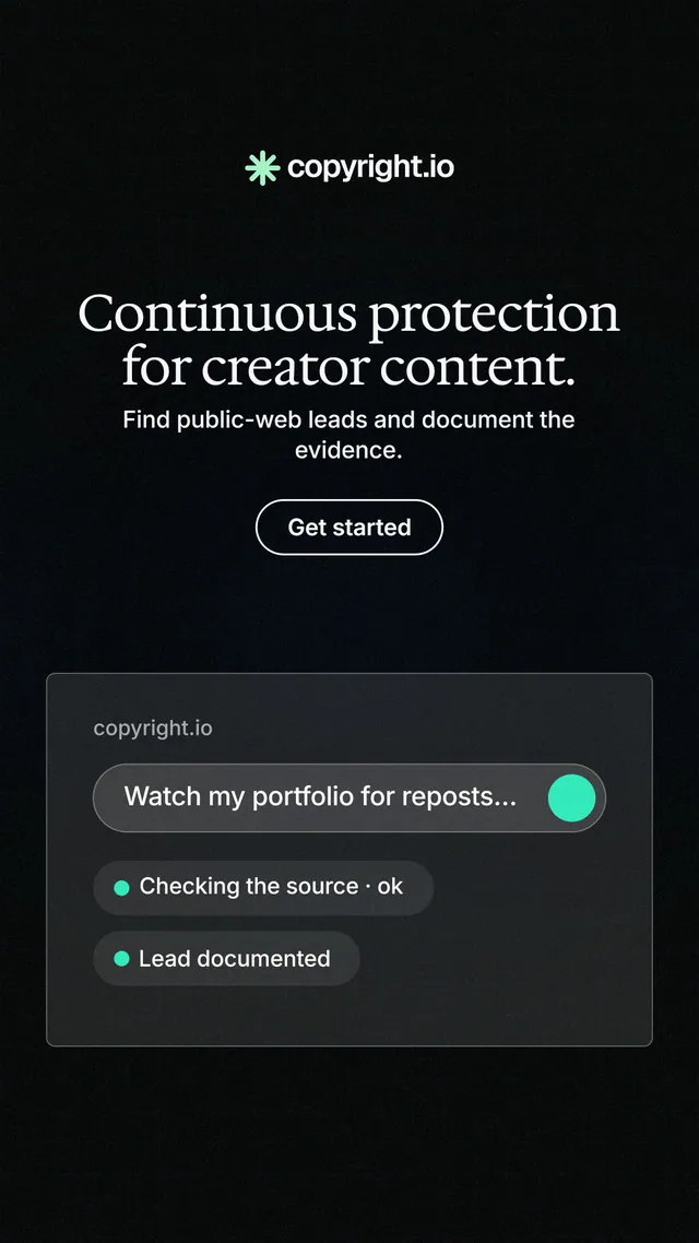 Instagram story for copyright.io: "Continuous protection for creator content." Phosphor atlas style, centred layout, dark palette in black, grey.