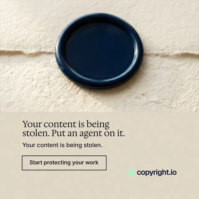 Instagram post for copyright.io: "Your content is being stolen. Put an agent on it." Editorial style, bottom layout, light palette in orange, yellow, grey.
