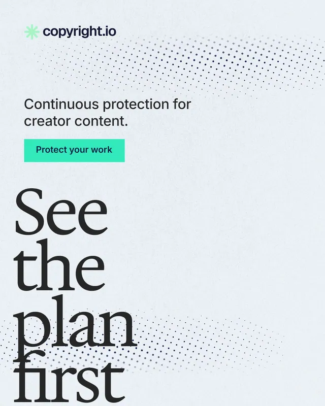 Instagram portrait post for copyright.io: "See the plan first." Swiss style, oversized layout, light palette in white, teal, grey.