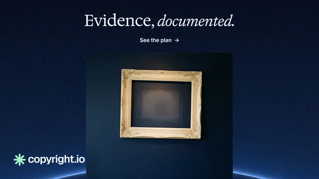 Landscape graphic for copyright.io: "Evidence, documented." Agentic glass style, ogui layout, dark palette in blue, black, grey.