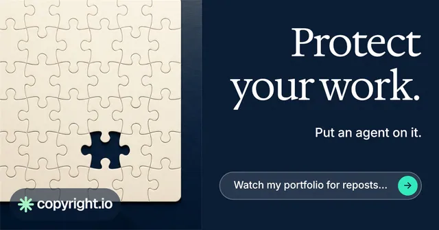 Social ad for copyright.io: "Protect your work." Agentic glass style, right layout, dark palette in blue, yellow, grey.