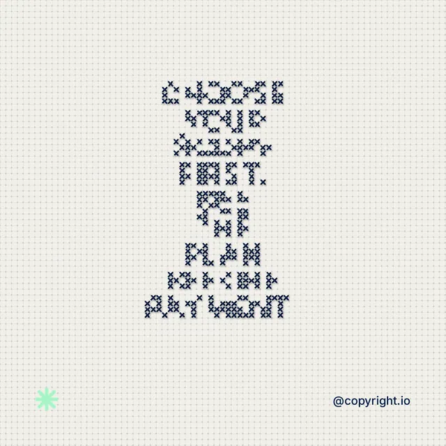 Instagram post for copyright.io: "Choose your scope first. See the plan before payment." Stitch style, technique:raster type fx layout, light palette in white, grey.