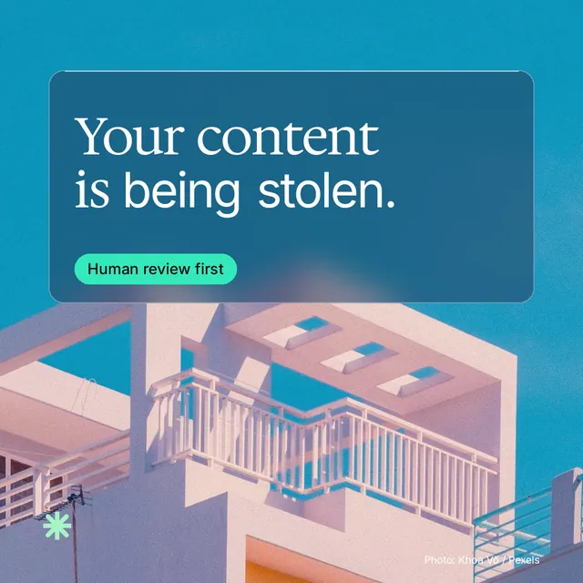 Instagram post for copyright.io: "Your content is being stolen." Glass style, technique:pexels ingredient layout, light palette in teal, blue, red.