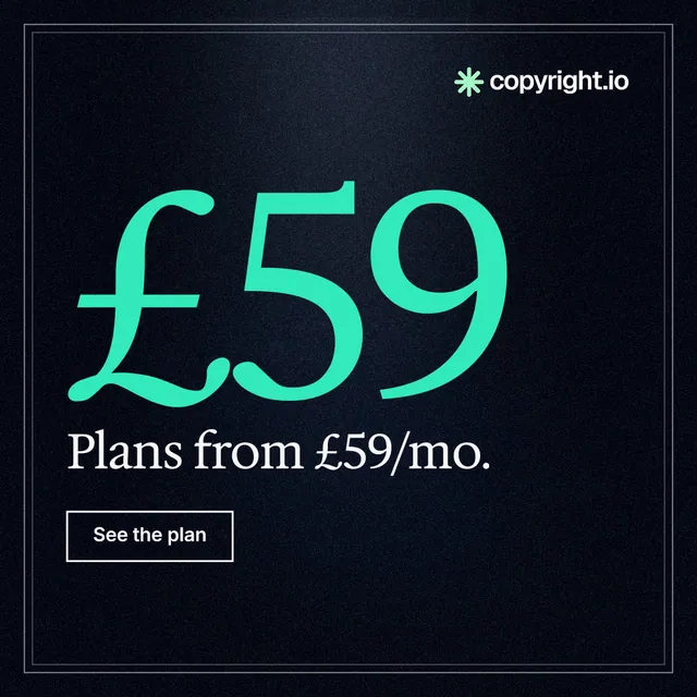 Instagram post for copyright.io: "See the plan before payment." Dark deco style, stat layout, dark palette in black, blue, teal.