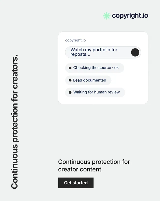 Instagram portrait post for copyright.io: "Continuous protection for creators." Swiss style, vertical layout, light palette in white.