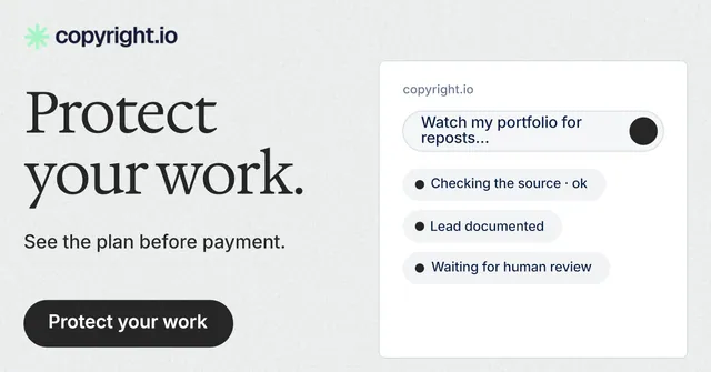 Social ad for copyright.io: "Protect your work." Data card style, bottom layout, light palette in white, grey.
