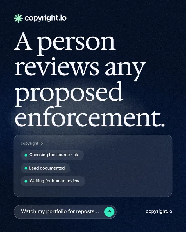 Instagram portrait post for copyright.io: "A person reviews any proposed enforcement." Thermal style, poster layout, dark palette in blue, black, grey.