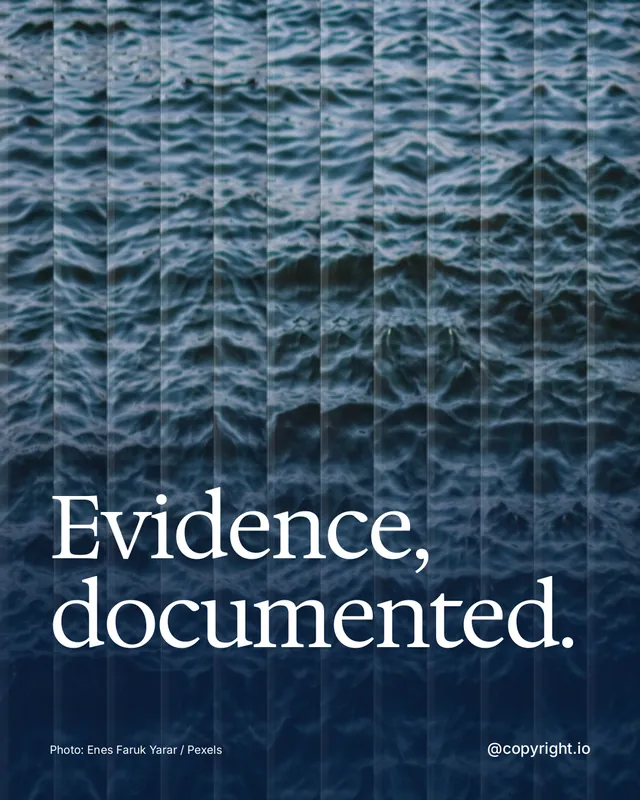 Instagram portrait post for copyright.io: "Evidence, documented." Photo style, technique:fluted glass layout, dark palette in blue, grey.