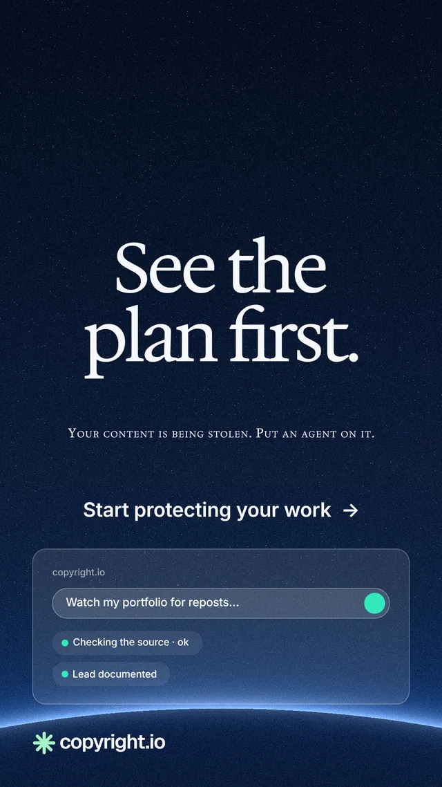 Instagram story for copyright.io: "See the plan first." Swiss style, smallcaps layout, dark palette in blue, black.