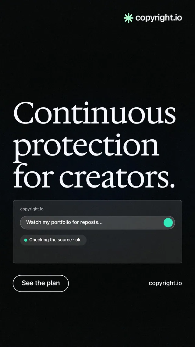 Instagram story for copyright.io: "Continuous protection for creators." Phosphor atlas style, poster layout, dark palette in black, grey.