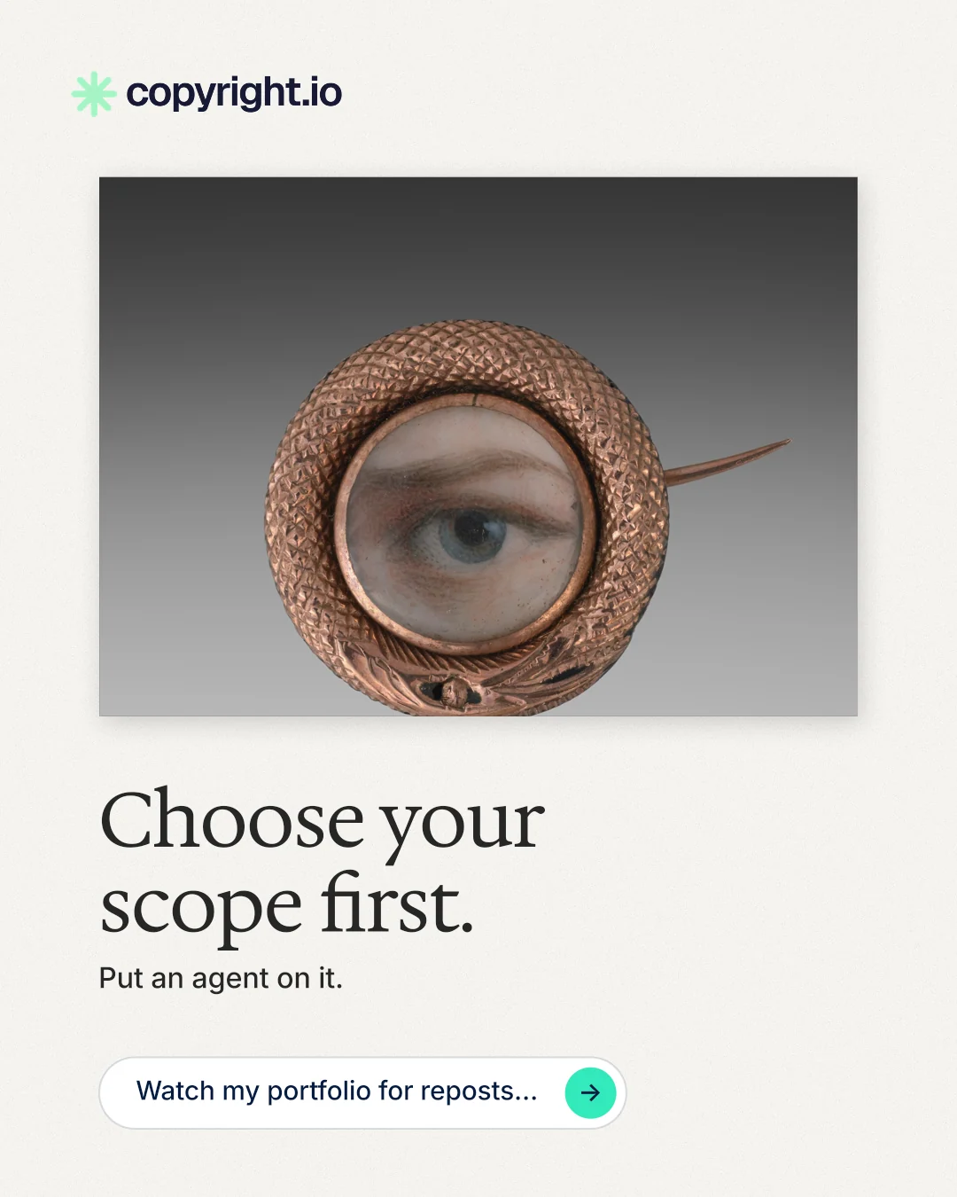 Instagram portrait post for copyright.io: "Choose your scope first." Agentic glass style, bottom layout, light palette in white, grey.