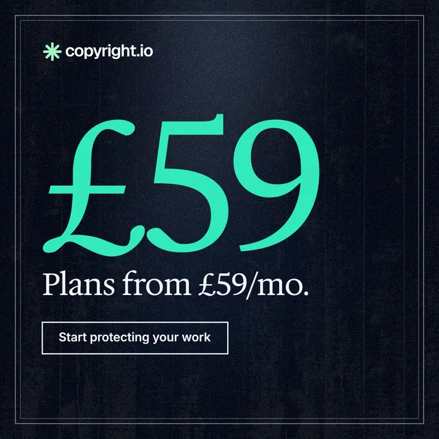 Instagram post for copyright.io: "See the plan before payment." Dark deco style, stat layout, dark palette in black, teal.