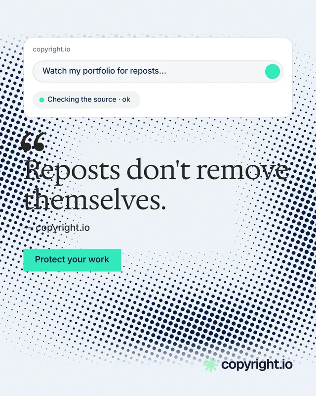 Instagram portrait post for copyright.io: "Reposts don't remove themselves." Swiss style, quote layout, light palette in white, grey, blue.
