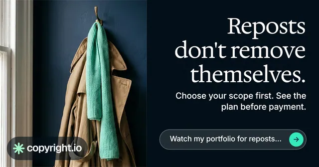 Social ad for copyright.io: "Reposts don't remove themselves." Agentic glass style, right layout, dark palette in black, grey.
