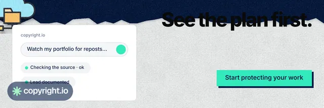 X header for copyright.io: "See the plan first." Paper trio style, right layout, light palette in white, blue, grey.