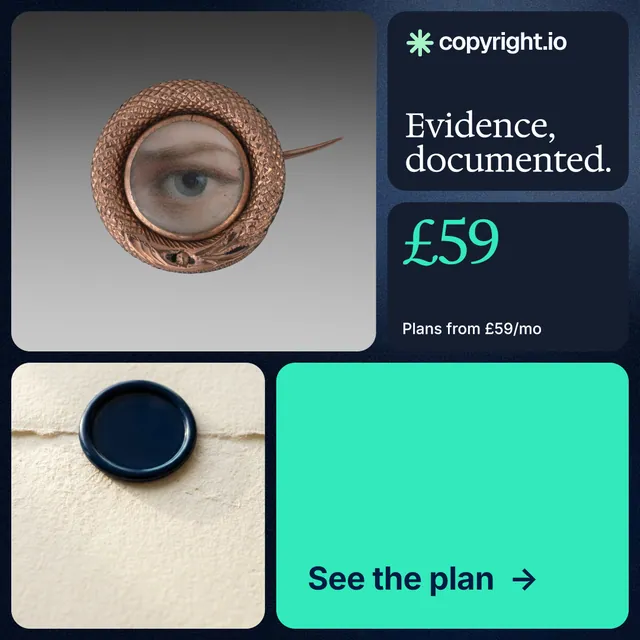 Instagram post for copyright.io: "Evidence, documented." Agentic glass style, bento layout, light palette in blue, grey, teal.