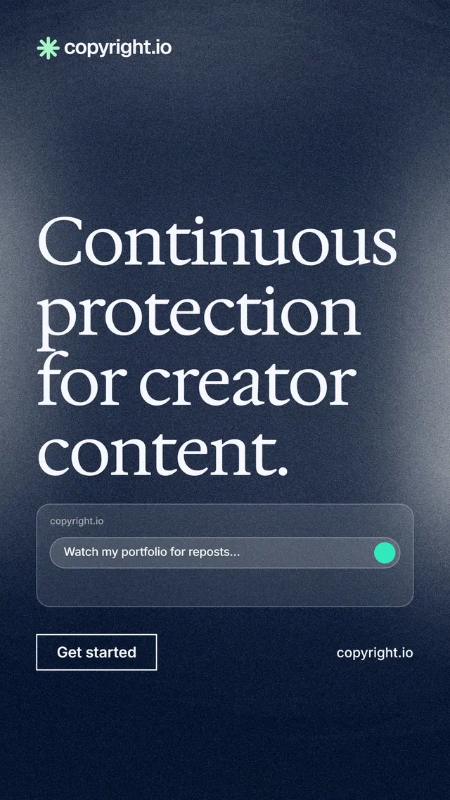 Instagram story for copyright.io: "Continuous protection for creator content." Cyanotype style, poster layout, dark palette in blue, grey.