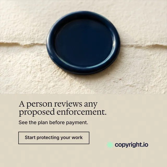 Instagram post for copyright.io: "A person reviews any proposed enforcement." Editorial style, bottom layout, light palette in orange, yellow, grey.