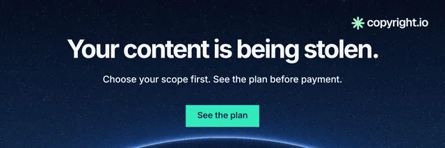 X header for copyright.io: "Your content is being stolen." Swiss style, centred layout, dark palette in blue, black, teal.