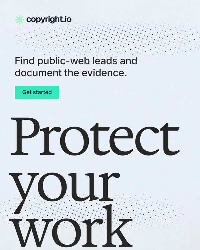 Instagram portrait post for copyright.io: "Protect your work." Swiss style, oversized layout, light palette in white, blue, grey.