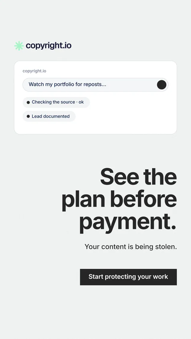 Instagram story for copyright.io: "See the plan before payment." Swiss style, right layout, light palette in white, grey.