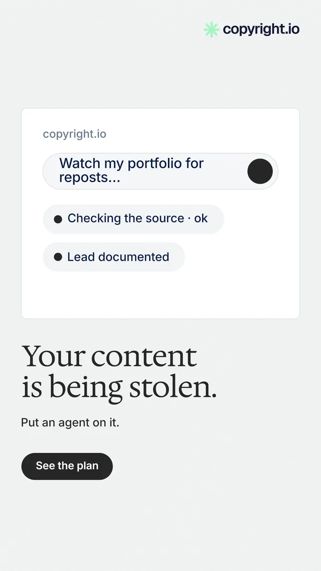 Instagram story for copyright.io: "Your content is being stolen." Data card style, bottom layout, light palette in white, grey.