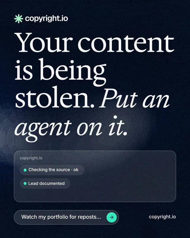 Instagram portrait post for copyright.io: "Your content is being stolen. Put an agent on it." Thermal style, poster layout, dark palette in blue, black, grey.