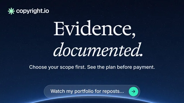 Landscape graphic for copyright.io: "Evidence, documented." Agentic glass style, centred layout, dark palette in blue, black, grey.
