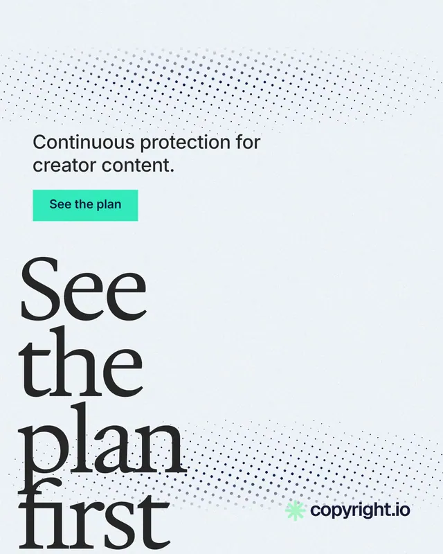 Instagram portrait post for copyright.io: "See the plan first." Swiss style, oversized layout, light palette in white, grey, teal.