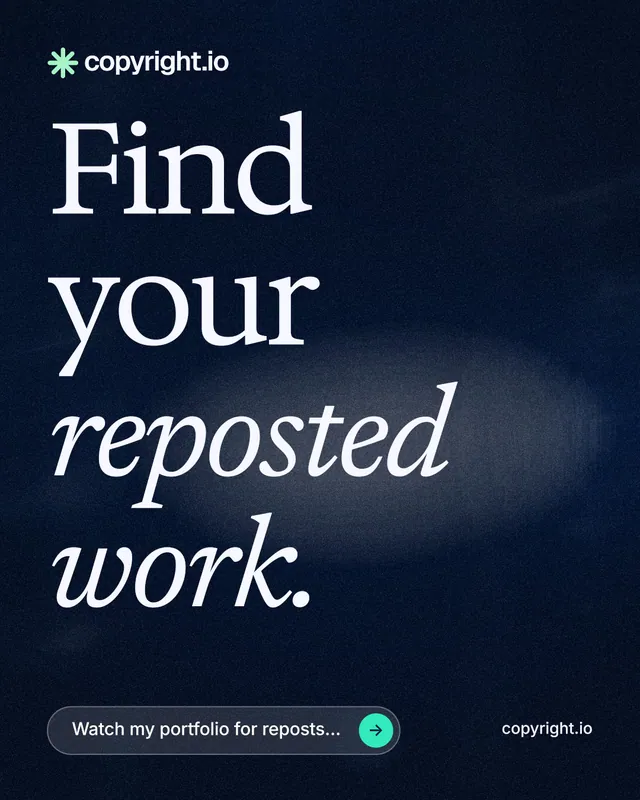 Instagram portrait post for copyright.io: "Find your reposted work." Thermal style, poster layout, dark palette in black, blue, grey.