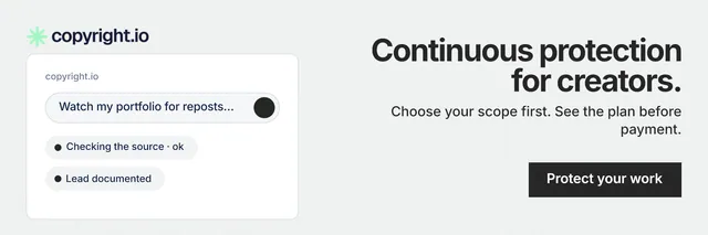 X header for copyright.io: "Continuous protection for creators." Swiss style, right layout, light palette in white, grey.