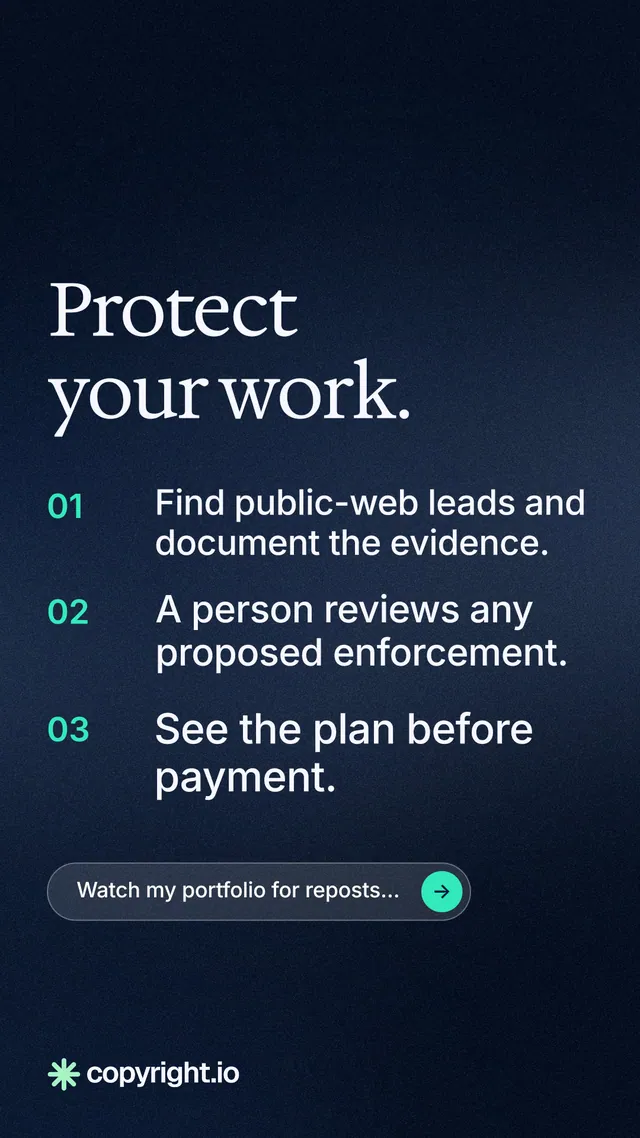 Instagram story for copyright.io: "Protect your work." Agentic glass style, numbered layout, dark palette in blue, black.