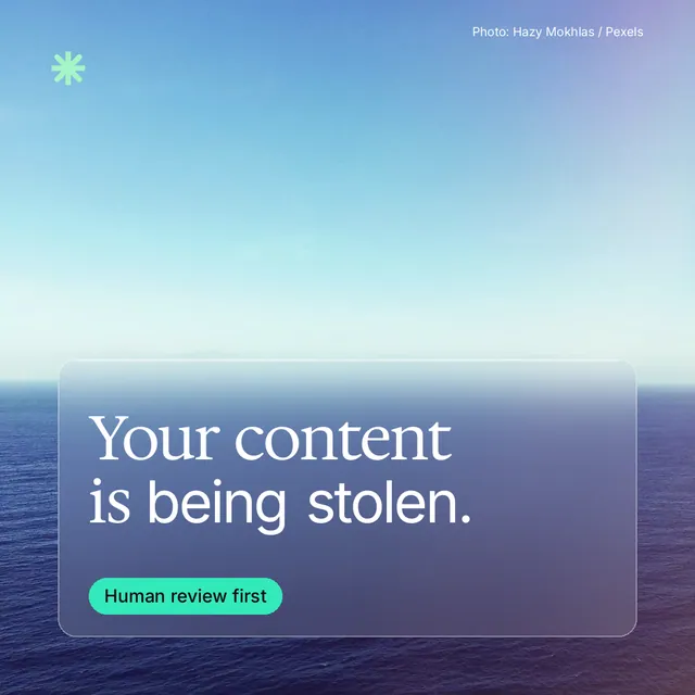 Instagram post for copyright.io: "Your content is being stolen." Glass style, technique:pexels ingredient layout, light palette in blue, teal.