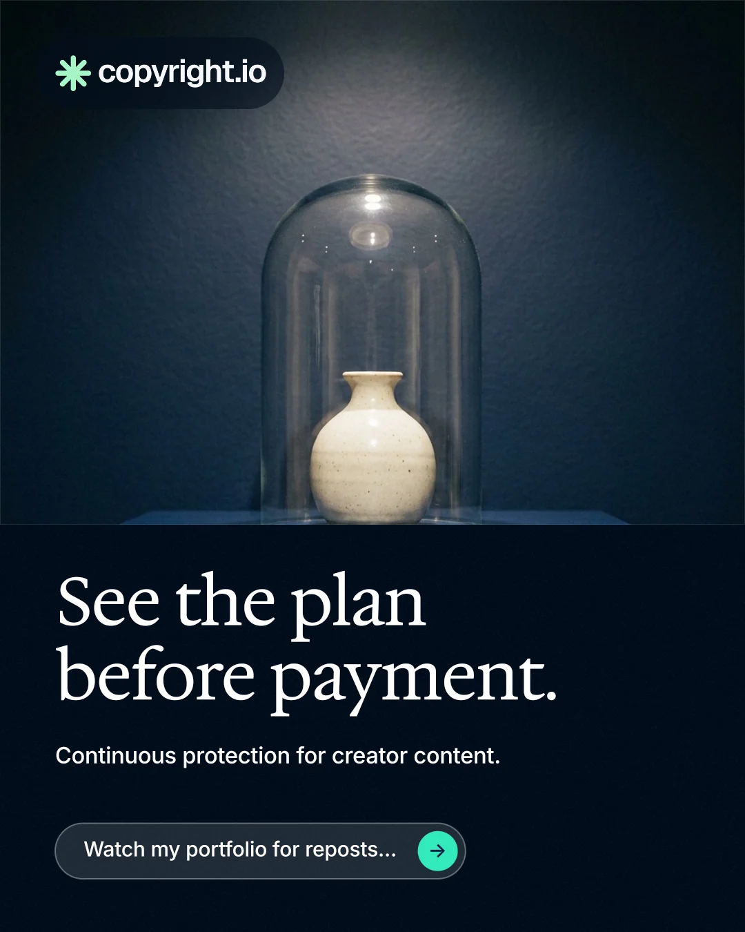 Instagram portrait post for copyright.io: "See the plan before payment." Agentic glass style, bottom layout, dark palette in black, blue, grey.