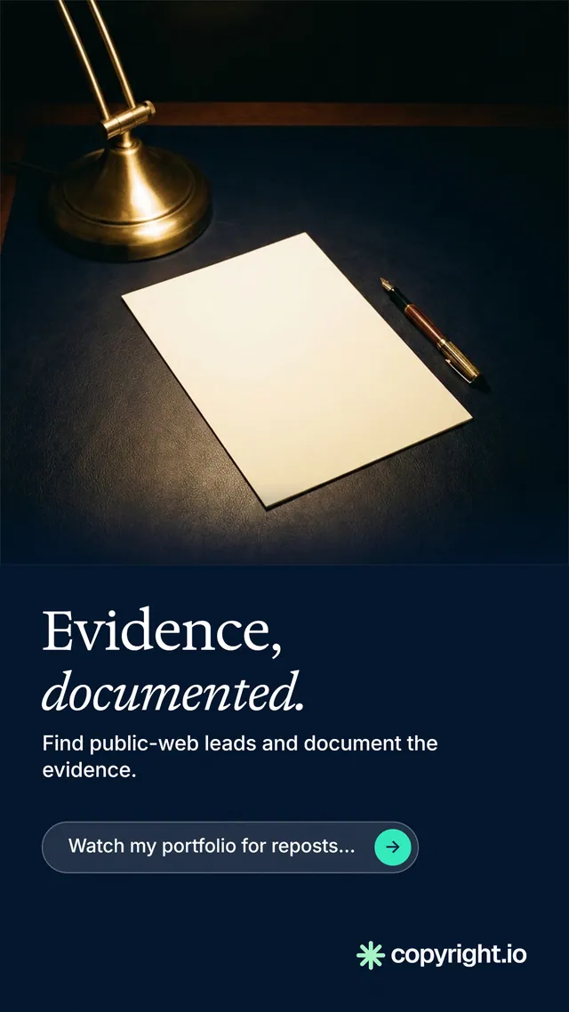 Instagram story for copyright.io: "Evidence, documented." Agentic glass style, bottom layout, dark palette in black, grey.
