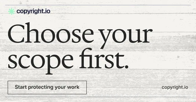 Social ad for copyright.io: "Choose your scope first." Editorial style, poster layout, light palette in white, grey.