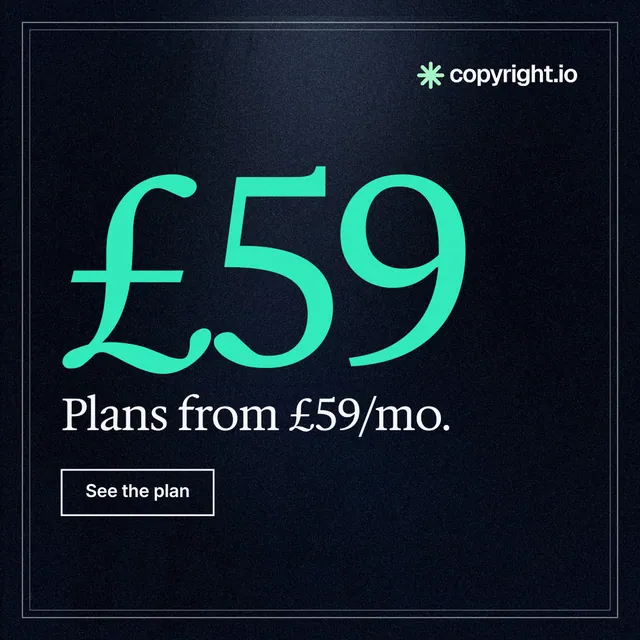 Instagram post for copyright.io: "Choose your scope first. See the plan before payment." Dark deco style, stat layout, dark palette in black, blue, teal.