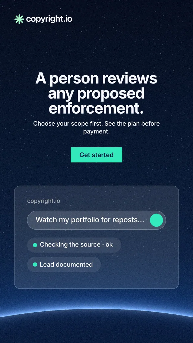 Instagram story for copyright.io: "A person reviews any proposed enforcement." Swiss style, centred layout, dark palette in blue, black.