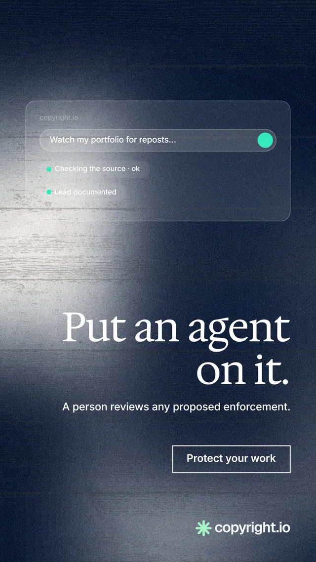 Instagram story for copyright.io: "Put an agent on it." Cyanotype style, right layout, dark palette in blue, grey.