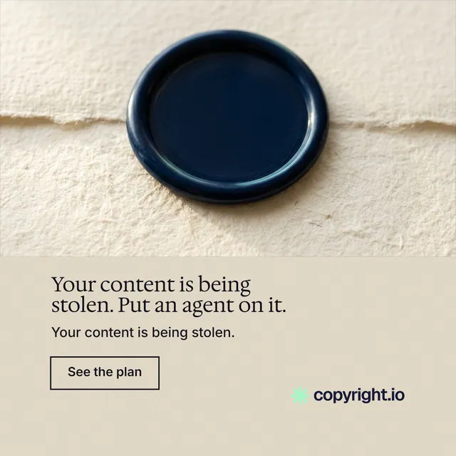 Instagram post for copyright.io: "Your content is being stolen. Put an agent on it." Editorial style, bottom layout, light palette in orange, yellow, black.