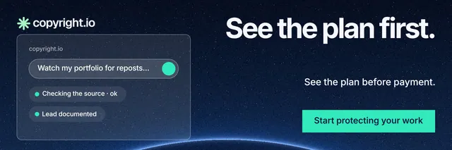 X header for copyright.io: "See the plan first." Swiss style, right layout, dark palette in blue, black, teal.
