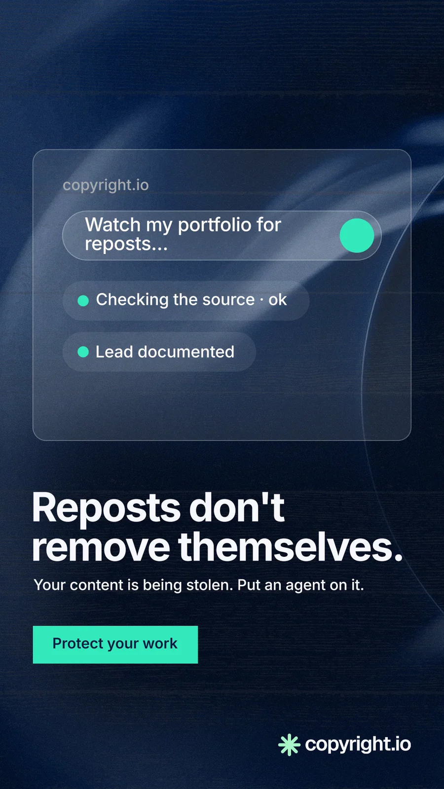 Instagram story for copyright.io: "Reposts don't remove themselves." Swiss style, bottom layout, dark palette in blue, black.