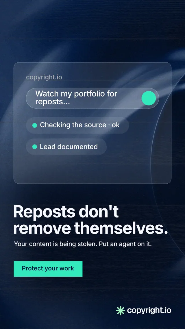 Instagram story for copyright.io: "Reposts don't remove themselves." Swiss style, bottom layout, dark palette in blue, black.