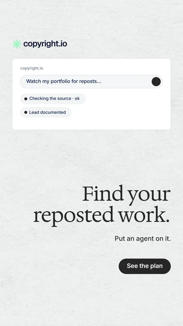 Instagram story for copyright.io: "Find your reposted work." Data card style, right layout, light palette in white, grey.