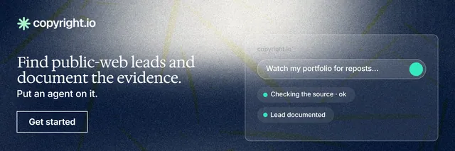 X header for copyright.io: "Find public-web leads and document the evidence." Cyanotype style, bottom layout, dark palette in grey, blue.