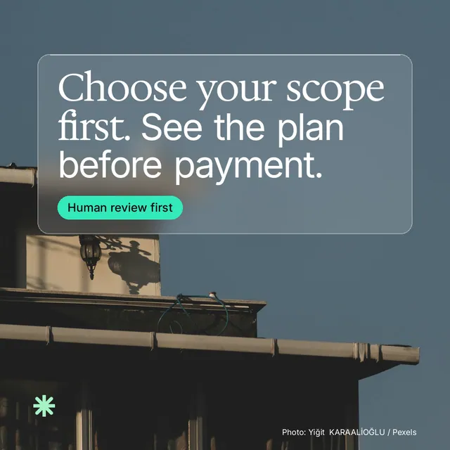 Instagram post for copyright.io: "Choose your scope first. See the plan before payment." Glass style, technique:pexels ingredient layout, dark palette in black, grey.