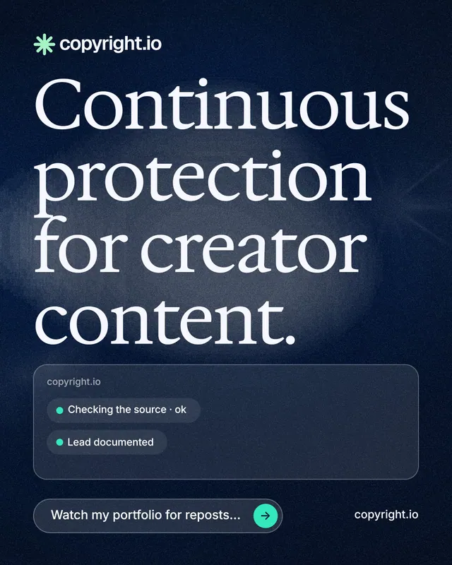 Instagram portrait post for copyright.io: "Continuous protection for creator content." Thermal style, poster layout, dark palette in black, blue, grey.