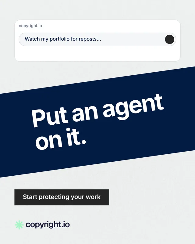 Instagram portrait post for copyright.io: "Put an agent on it." Swiss style, diagonal layout, light palette in blue, white.