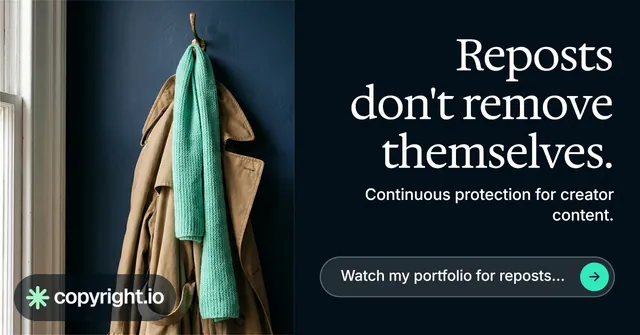 Social ad for copyright.io: "Reposts don't remove themselves." Agentic glass style, right layout, dark palette in black, grey.