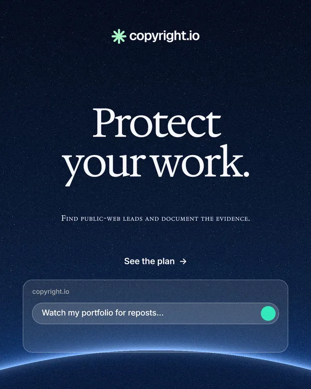 Instagram portrait post for copyright.io: "Protect your work." Swiss style, smallcaps layout, dark palette in blue, black.